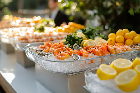 Delicious shrimps and oysters on ice, decorated with lemon and parsley, composing a fresh seafood buffetの素材