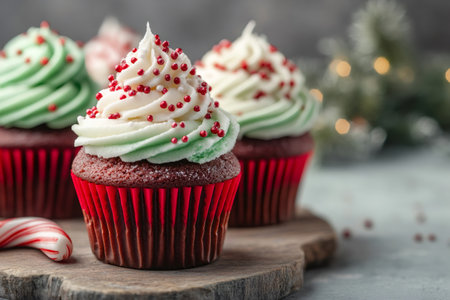 Red velvet Christmas cupcakes are decorated with green and white frosting and red sprinkles, creating a festive holiday treatの素材