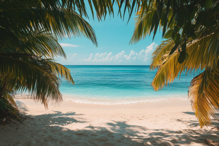 Tropical beach with white sand and turquoise water framed by palm trees on a sunny dayの素材