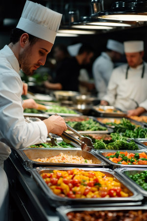 Chef using tongs to serve food from a buffet in a commercial kitchenの素材