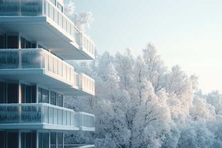 Winter sunlight illuminating frosted trees near a modern residential building with balconies covered in snow and iciclesの素材