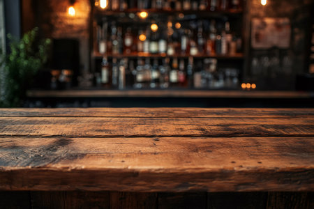 Wooden table top with blurred bar background providing ideal space for product placementの素材