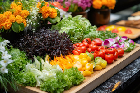 Colorful arrangement of fresh vegetables and edible flowers presented on a wooden tray, creating an appealing buffet displayの素材
