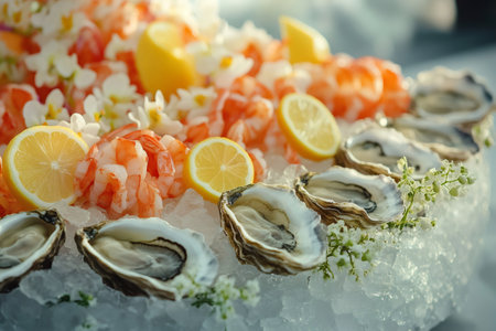 Delicious oysters and shrimps decorated with lemon and flowers, served on ice, perfect for a luxurious catering eventの素材