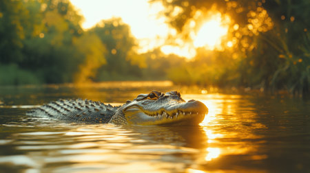 Alligator swimming in golden sunset light in Florida Everglades National Parkの素材