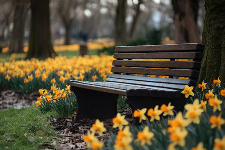 Empty bench sits amidst a field of blooming yellow daffodils in a tranquil park setting, inviting visitors to rest and enjoy the beauty of springの素材