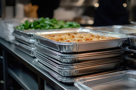 Aluminum take out food trays stacked and filled with food and prepared spinach in a commercial kitchenの素材