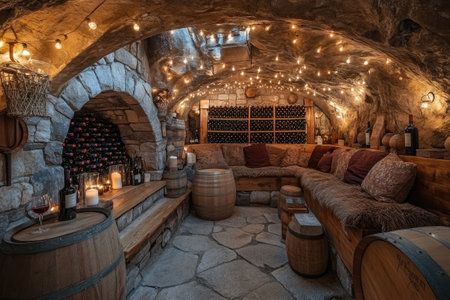 Wine cellar with stone walls, wooden barrels, and warm string lights creating a cozy and inviting atmosphereの素材