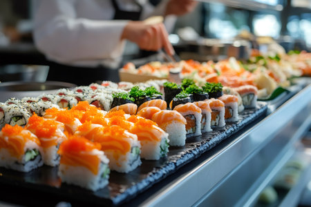 Professional chef arranging various sushi rolls and sashimi on a slate platter for a restaurant buffetの素材