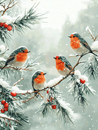 Four robins are perching on snowy pine branches with red berries in a beautiful winter wonderlandの素材