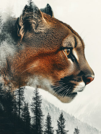 Double exposure image of a cougar combined with a mountain forest landscape, creating a captivating visualの素材