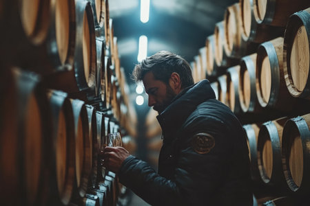 Winemaker smelling glass of wine aging in oak barrel in winery cellarの素材