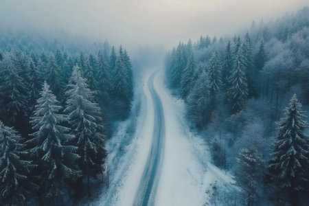 Aerial view of a winding road cutting through a snow-covered forest on a foggy winter dayの素材