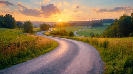 Scenic view of a winding country road leading through green fields, illuminated by the warm glow of the setting sunの素材