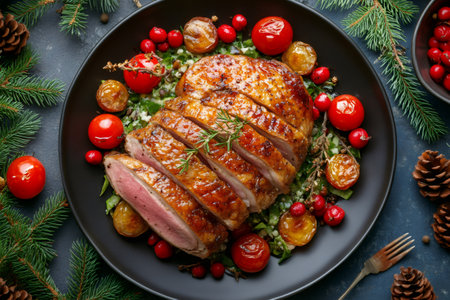 Delicious sliced roasted duck breast served on a bed of greens with baby potatoes, cherry tomatoes, and cranberries, perfect for a festive Christmas dinnerの素材