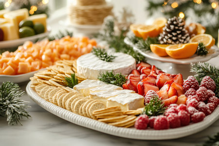 Festive Christmas cheese board offering a delightful mix of brie, crackers, fruits, and fir branches, creating a visually appealing centerpieceの素材