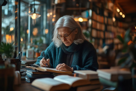 Focused mature woman writing in notebook, enjoying quiet atmosphere of bookstore cafeの素材