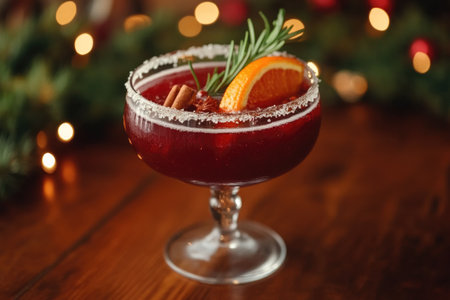 Festive christmas cranberry cocktail garnished with orange slice, rosemary sprig, cinnamon sticks, and sugar rim, sits on wooden table with christmas lights in backgroundの素材