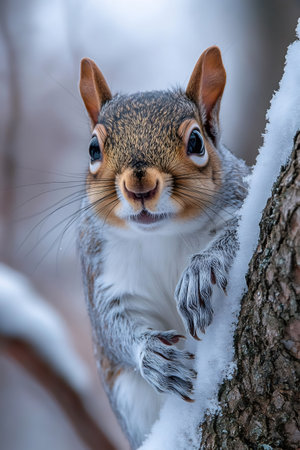 Close-up of an eastern gray squirrel clinging to a snow-covered tree branchの素材