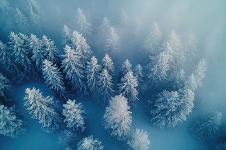 Drone shot of a snowy forest covered by fog in winterの素材