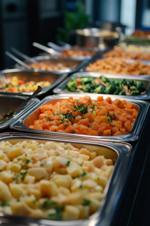 Variety of delicious cooked food warming in chafing dishes on buffet tableの素材