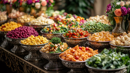 Silver dishes overflowing with colorful salads and vegetables create a visually appealing catering setup, perfect for any special occasionの素材