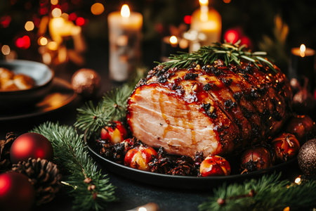 Delicious honey glazed ham with rosemary and cloves, served on a festive table with Christmas decorations and candlesの素材