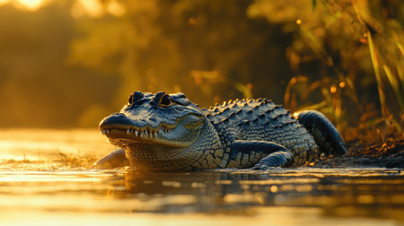 American alligator resting in water at sunset in the everglades national parkの素材