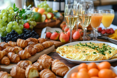 Buffet table displaying a variety of delicious breakfast and brunch food, including croissants, omelettes, fruits, and champagne glassesの素材