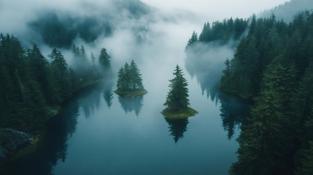 Surreal scenery of a mysterious lake reflecting fog and forest on a cloudy dayの素材