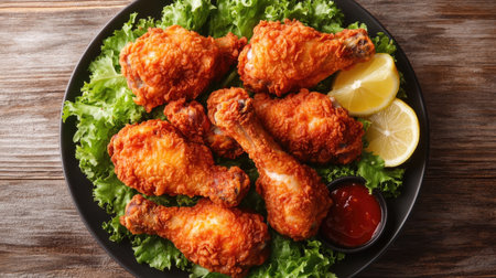 Crispy fried chicken drumsticks served on fresh lettuce with lemon wedges and ketchup in a black plateの素材
