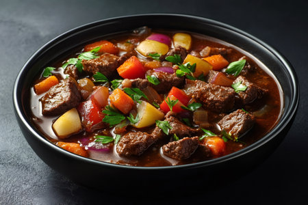 Delicious beef stew with potatoes, carrots, and peppers simmering in rich gravyの素材