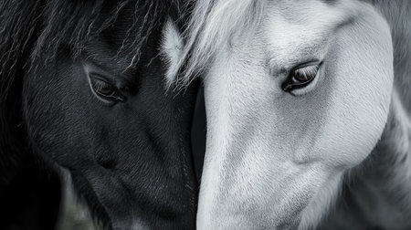 Two horses, one black and one white, nuzzling each other in a tender moment of affectionの素材