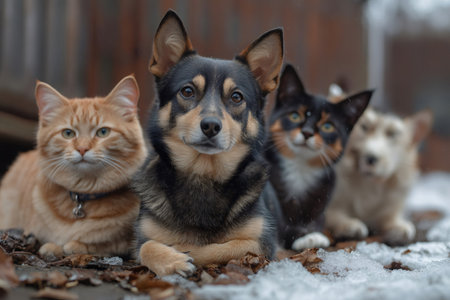 Cute dog and three cats are lying together on the ground covered with snow and dry leavesの素材