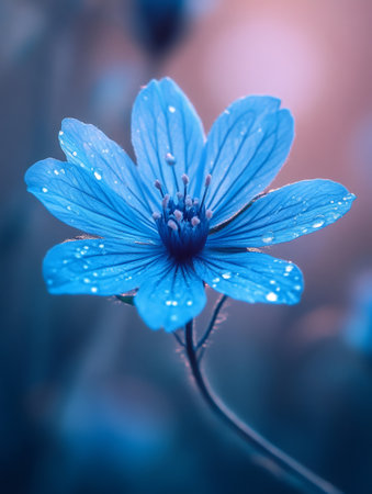 Close-up of a blue flower with water drops, enjoying soft, diffused light, creating a tranquil and beautiful sceneの素材