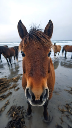 Chestnut horse standing on a sandy beach with other horses and the ocean visible in the backgroundの素材