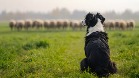 Border collie herding dog sitting in a green field and watching over a flock of sheepの素材