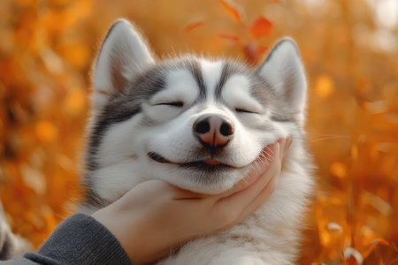 Woman caressing a happy husky dog with closed eyes in a beautiful autumn forestの素材