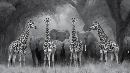Four giraffes standing among a herd of elephants in a misty forest, in black and whiteの素材