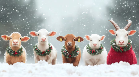 Group of calves wearing Christmas garlands standing in the snowの素材