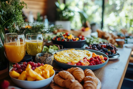 Brunch buffet offering various healthy and delicious food, including croissants, fruits, juices and omeletsの素材