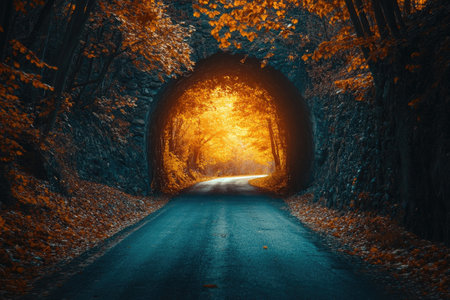 Scenic view of empty asphalt road leading into a tunnel in beautiful autumn forest at sunsetの素材