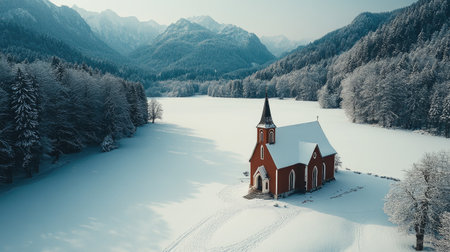 Aerial view of a red church standing in a snow covered valley surrounded by mountains and forest in winterの素材