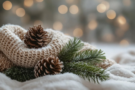 Christmas still life with pine cones, fir tree branch and warm scarf on snow with blurred lights in backgroundの素材