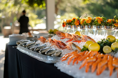 Delicious seafood buffet table displaying fresh oysters and shrimps on ice with lemon and flower decorationsの素材