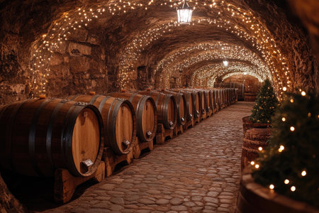 Oak wine barrels aging in a stone cellar decorated with Christmas lights and miniature pine trees create a festive holiday atmosphereの素材