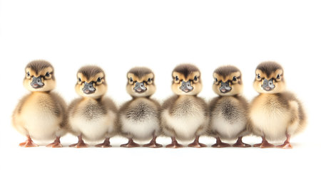 Seven adorable ducklings are standing in a perfect line on a seamless white background, creating a charming and humorous sceneの素材