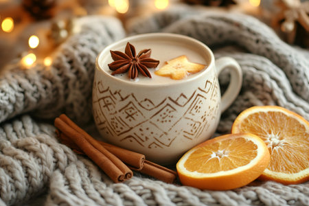Warm, spiced winter beverage garnished with star anise and a dried orange slice, accompanied by cinnamon sticks, orange slices, and a knitted background with festive Christmas lightsの素材