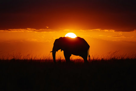 Elephant is standing in the African savanna, silhouetted against a beautiful orange sunsetの素材
