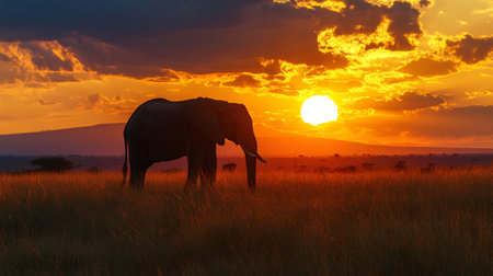 Wild elephant walking in the savannah at sunset with orange sky in Africaの素材